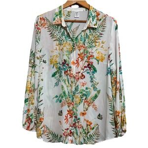 City Streets Womens XL Shirt Button Up Top Floral 💐Botanical Sheer Slit Sleeves